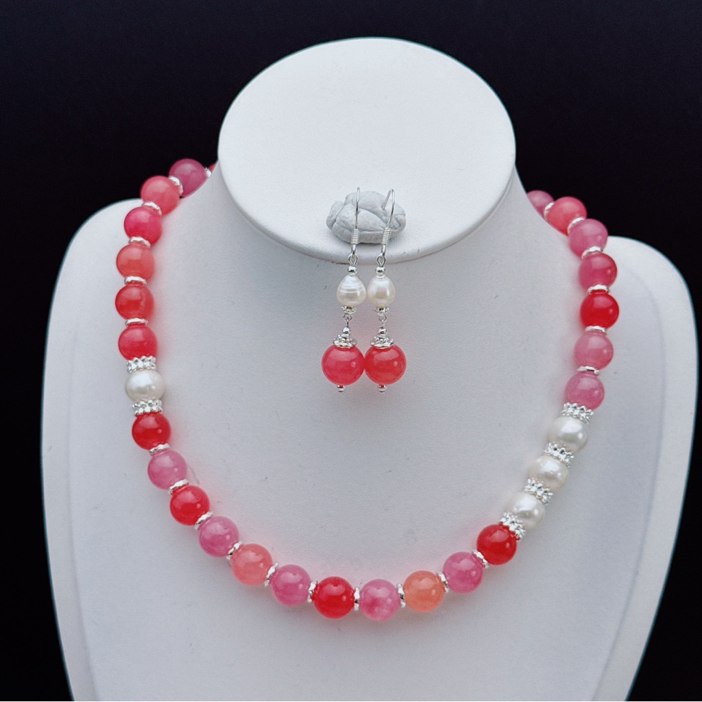 X803 Handmade Freshwater Baroque Pearl Agate Necklace Earrings Set 50$